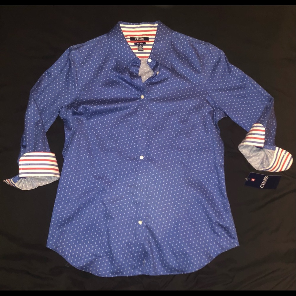 Chaps Blue, Red, and White Button Up with Collar. 3/4 Length Sleeves, and Stars